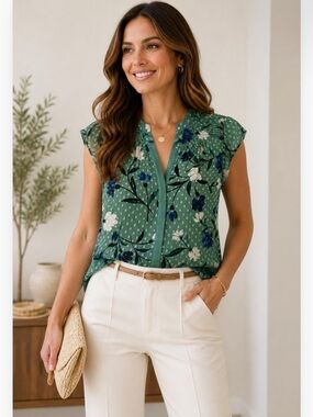 NWT Daniel Rainn x Stitch Fix Split Neck Green Floral Cap-Sleeve V-Neck Blouse